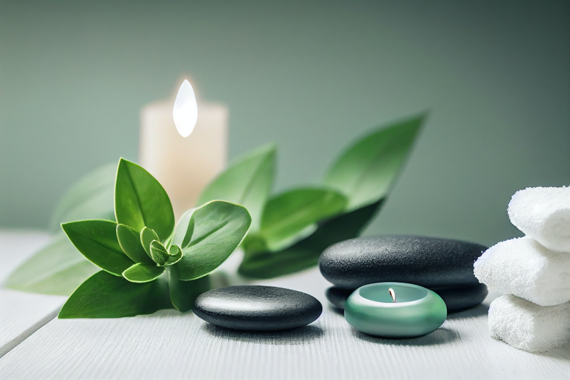 Wallpaper background of beauty treatment items for spa procedures on white wooden table. massage sto